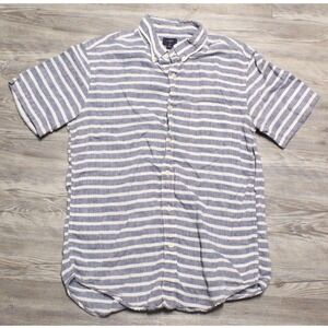 J.Crew Shirt Mens M 100% Linen Gray White Striped Short Sleeve Button Down Shirt